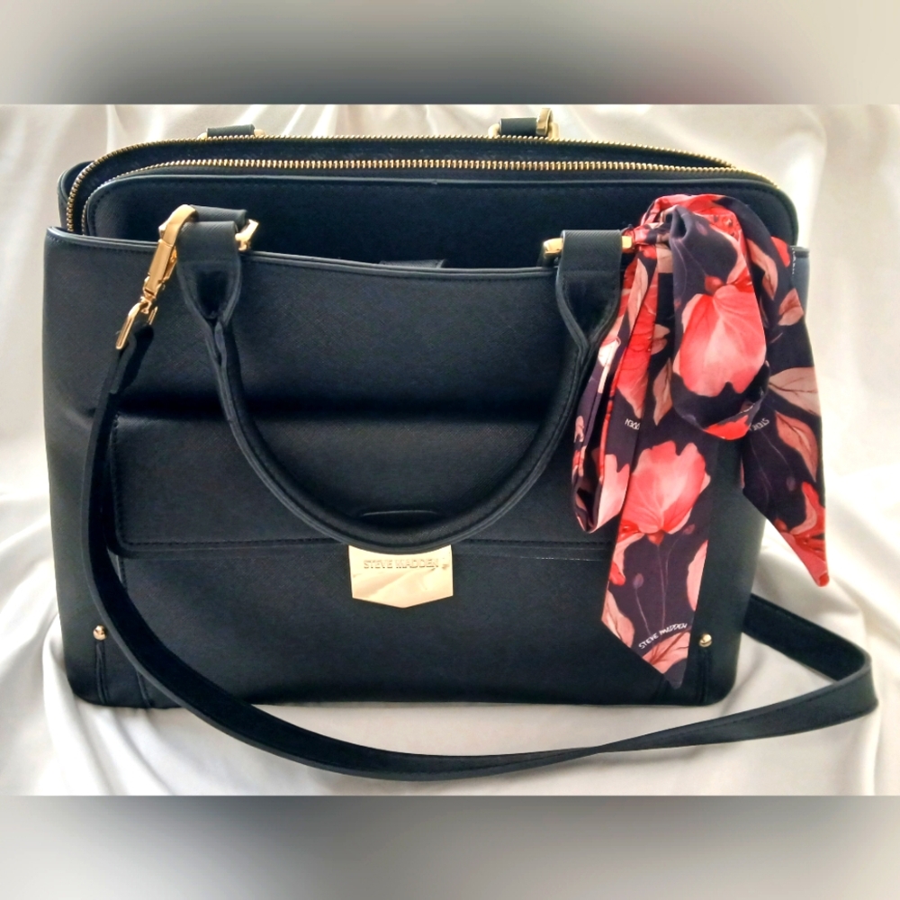 Steve Madden Women's Black Shoulder Strap Purse With Floral Scarf- EUC